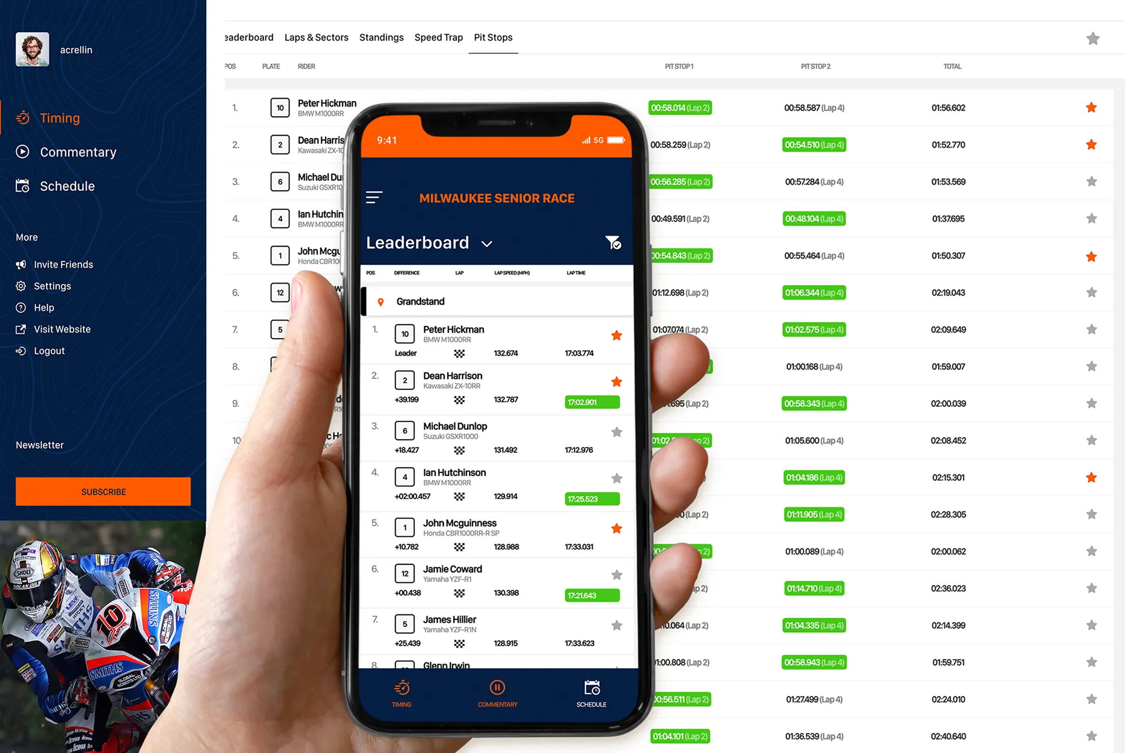 Hand holding a smartphone displaying the Isle of Man TT Milwaukee Senior Race leaderboard on the DotPerformance live timing platform, with Peter Hickman leading on a BMW M1000RR